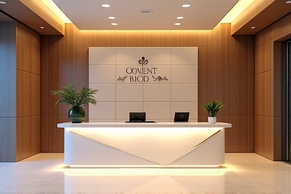 A modern office reception area, clean and professional, with a subtle logo of Opulent Bids.